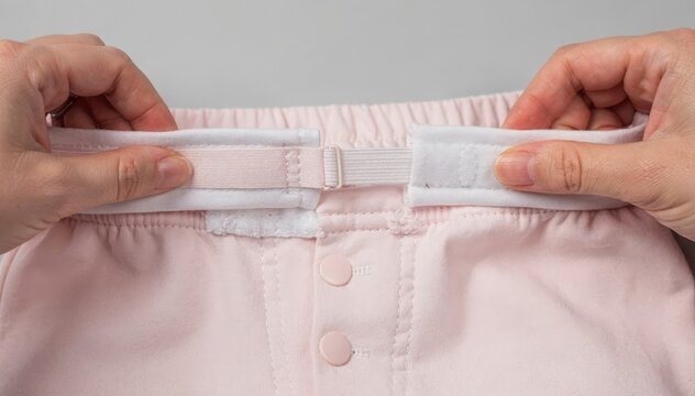 Detailed view of adjustable elastic waistband being installed on infant garment featuring secure fastening techniques that allow easy size customization while maintaining softness