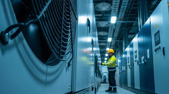 Industrial technician in yellow hard hat inspecting electrical control panels and large cooling fan systems within modern manufacturing plant facility during routine maintenance work.