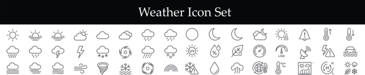 Complete Weather forecast symbol icon collection featuring various meteorological conditions in line art style as isolated object © HR Studio
