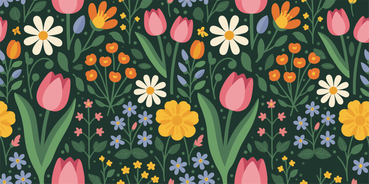 Seamless Floral Pattern With Tulips And Daisies seamless pattern