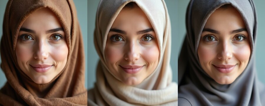Young Muslim woman wears different hijab styles. She smiles gently, showing variations in headscarf colors brown beige grey. Modest fashion portrait.