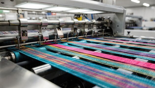 Medium shot of automated paddye machine applying vibrant colors on narrow woven tapes in a continuous production line highlighting precision and uniform fabric treatment.