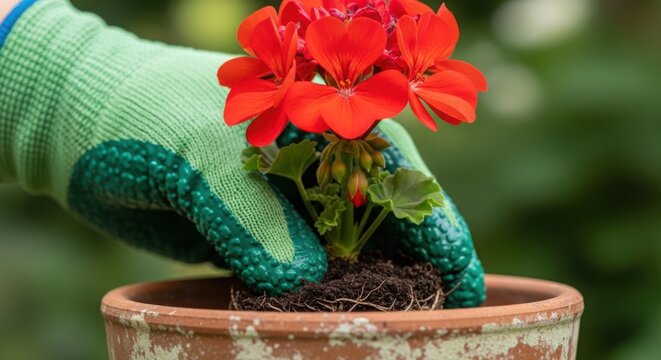 Planting red geranium in flower pot with green gardening gloves providing care and attention to planting process. Planting geranium enhances garden aesthetics with vibrant color and healthy growth.