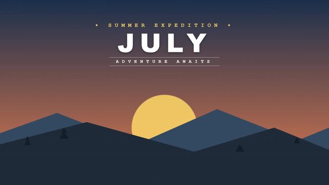 Flat Design July Summer Expedition Animated Title with Sunset Mountains