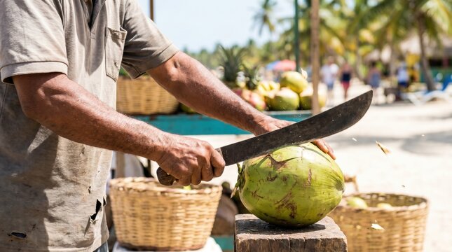 Local man cutting a fresh green coconut with a large machete on a sunny tropical beach