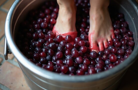 Feet stomp red grapes in metal basin, crushing fruit for wine juice production. Traditional home winemaking process, active grape treading for fermentation.
