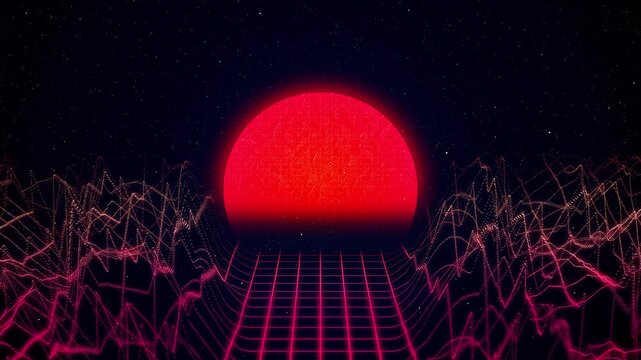 Retro synthwave landscape with glowing red sun and digital grid background.