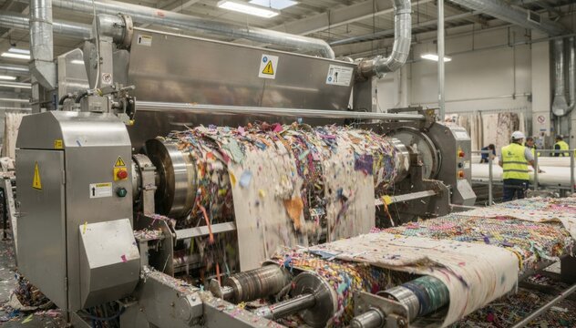 Industrial medium shot capturing factory offcuts being mixed into fiber blending machines creating sustainable yarn for durable canvas fabrics.