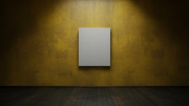 Canvas frame hangs on a textured yellow wall inside a dark room with dramatic spotlight illumination.