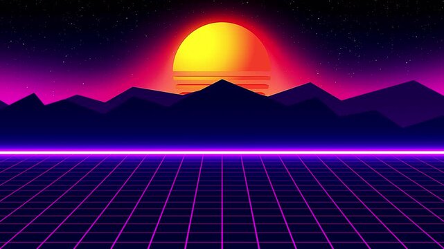 Retro Synthwave Landscape with Glowing Sun and Grid Horizon.