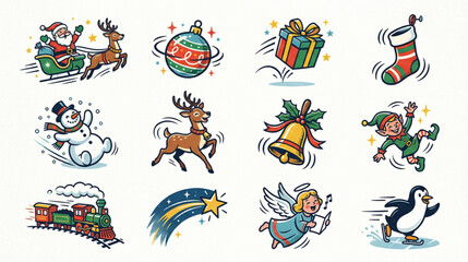 Obraz premium A collection of charming Christmas illustrations featuring Santa, reindeer, a snowman, an elf, an angel, a penguin, a train, a shooting star, a gift, a stocking, a bauble, and a bell.