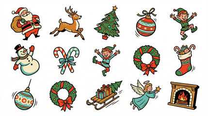 Obraz premium A collection of festive Christmas illustrations featuring Santa Claus, a reindeer, a Christmas tree, ornaments, elves, a snowman, candy canes, a wreath, a stocking, a sleigh with gifts, an angel.