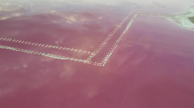 Drone shot establishing landscape of pink salt lakes. Camera flies backwards, revealing a vast network of salt evaporation ponds with white clouds and blue sky reflecting on the pink water surface.