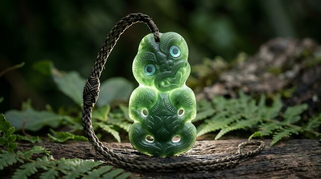 Intricately carved green jade hei tiki pendant featuring traditional Maori patterns shown on transparent background