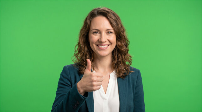 Attractive Woman Natural Smile Thumbs Up Green Screen High Resolution