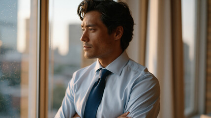 Obraz premium Afghan software engineer in professional attire stares out a rain-streaked office window at an unfamiliar city skyline, his foreign university diploma in a frame leaning against