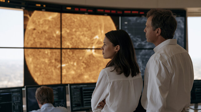 Space weather monitoring center where solar physicist team analyzes real time coronal mass ejection data flowing across curved wall of atmospheric displays while alert indicators