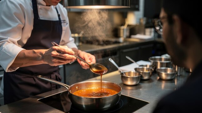 Chef carefully prepares a rich sauce in a professional kitchen