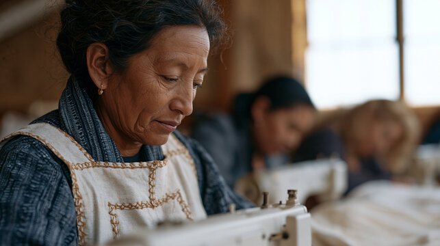 Guatemalan immigrant seamstress teaches a community clothing repair workshop in an industrial arts space, September afternoon light through high factory windows, women from