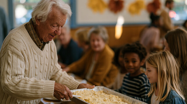 Multigenerational congregation members sharing post-service meal in fellowship hall, elderly deacon blessing food beside table of families with young children, paper autumn