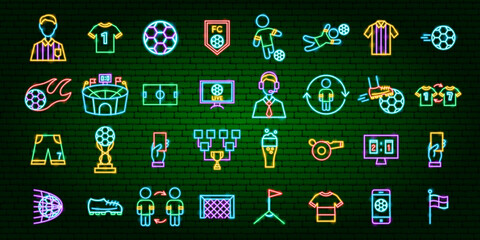 Naklejka premium Soccer Football Sports Neon Icons Set. Vector Illustration of Glowing Signs. Europeen Championship. World Competition. Ball Game Objects and Stadium.