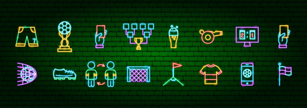 Soccer Football Game Neon Objects. Vector Illustration of Glowing Signs. Europeen Championship. World Competition. Ball Game Icons. Stadium and Players.