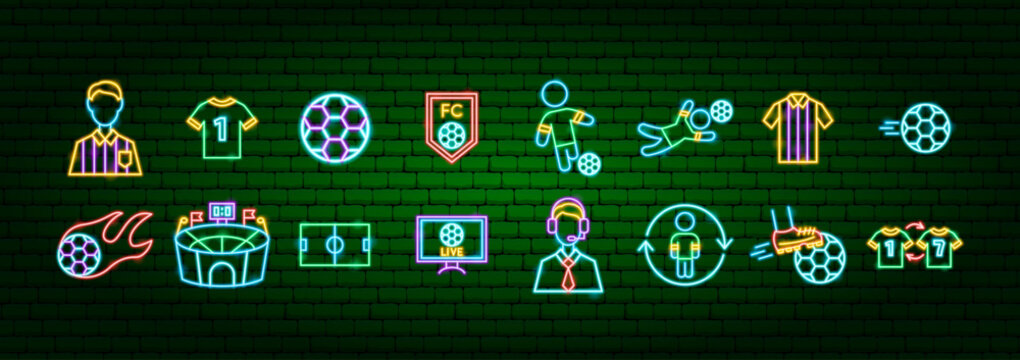 Soccer Football Sport Neon Objects. Vector Illustration of Glowing Signs. Europeen Championship Icons. World Competition Stadium. Ball Game Players.