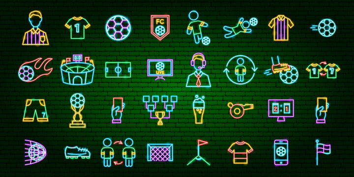 Soccer Football Sports Neon Icons Set. Vector Illustration of Glowing Signs. Europeen Championship. World Competition. Ball Game Objects and Stadium.