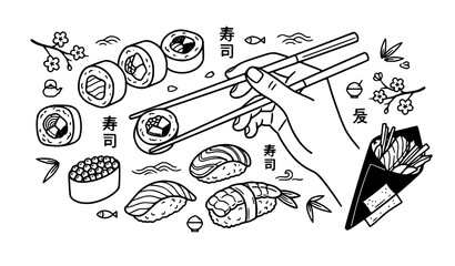 SEO Title: Japanese Sushi Collection with Chopsticks Hand Black Outline Vector Illustration Isolated on White Background © Fatik