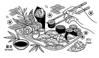 SEO Title: Hand Holding Chopsticks and Sushi Roll Black Line Vector Illustration Japanese Food Menu Elements Isolated on White © Fatik