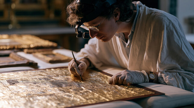 Expert gilding artisan applying gold leaf to ornate religious altarpiece frame under gallery lighting, magnification visor and conservation gloves in use, church artifacts