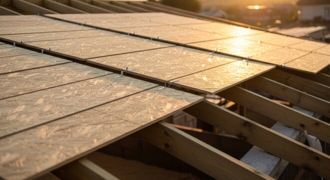 Construction site roof deck installation with OSB panels on wooden rafters at golden hour sunset