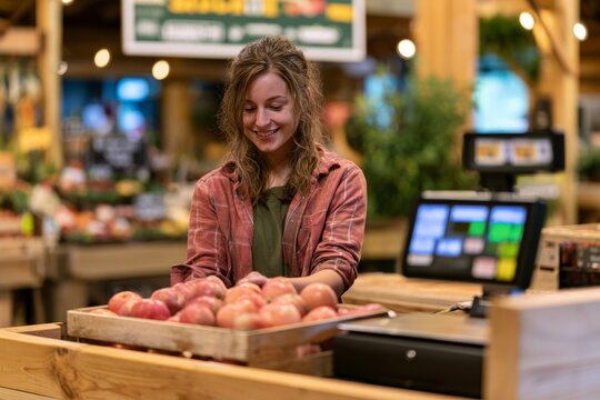 Orchard worker weighing fruit crate at u-pick farm stand checkout