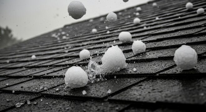 Large white hailstones impacting a dark asphalt shingle roof during a severe summer storm, illustrating property damage and insurance risk