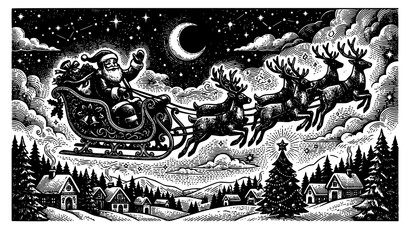 Obraz premium SEO Title: Santa Claus Sleigh with Reindeers Vintage Sketch Vector Illustration Christmas Night Sky Isolated on White