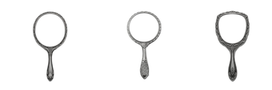 Vintage silver hand mirrors and antique looking glass vanity set isolated on transparent background. Classic ornate metallic handheld mirror graphic asset for retro beauty makeup and dressing table de