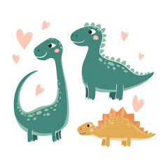 Naklejka premium Cute cartoon dinosaurs with hearts