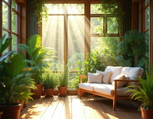 Obraz premium Sunlit room with sofa and many green plants. Natural light rays enter through large windows. Peaceful space for relaxation and nature connection indoors.
