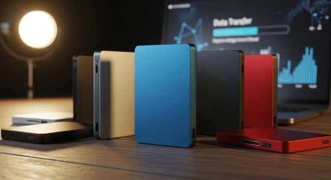 Modern external SSD drives in various colors arranged on a wooden desk with a laptop displaying data charts, highlighting tech and storage solutions.