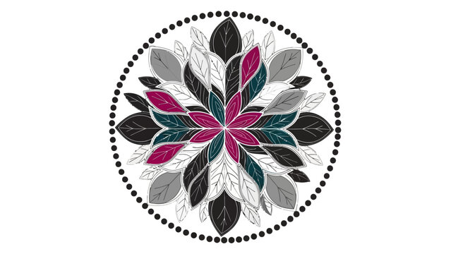 Modern Circular Floral Leaf Pattern in Dark Pink, Teal, and Grey on Isolated White Background
