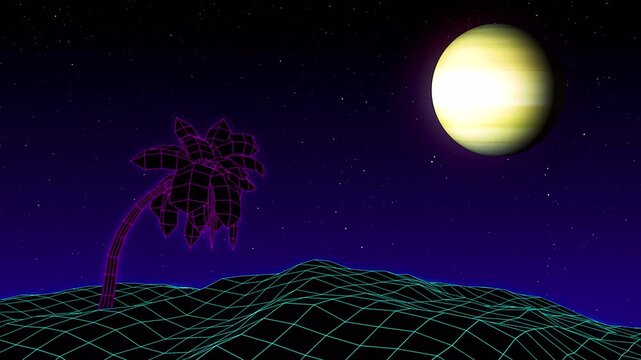 Retro synthwave landscape with wireframe palm tree and glowing moon.