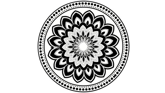 Highly detailed black and white circular mandala pattern with complex concentric designs, isolated white background.
