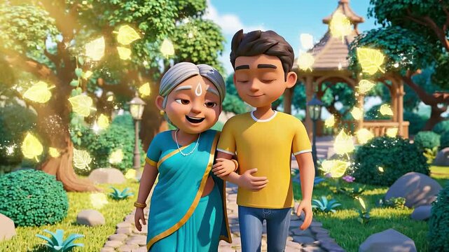 3D cartoon of an Indian grandmother and grandson walking together in a sunny park. Heartwarming family bonding and care. Perfect for family, relationship, and elderly care concepts.