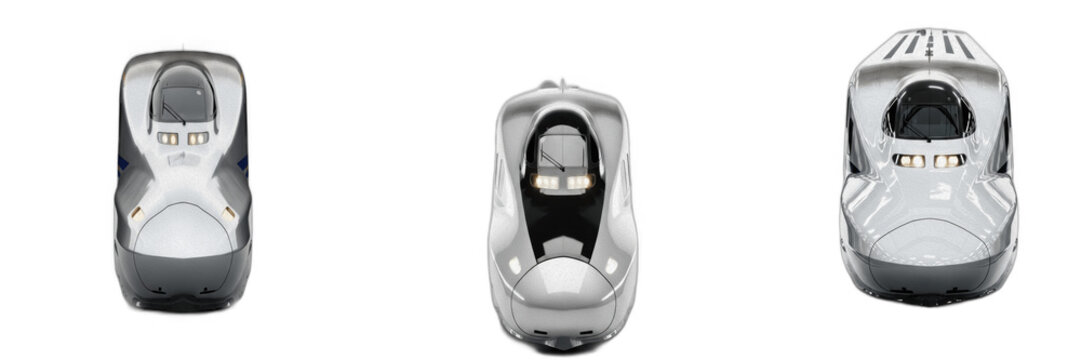Futuristic high speed bullet train front views isolated on transparent background. Modern silver aerodynamic locomotive transport set, maglev express subway graphic asset, rapid railway electric vehic