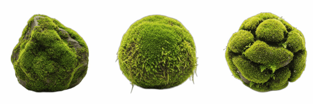 Green mossy stones and decorative moss balls isolated on transparent background. Realistic forest moss spheres and rocks set for digital art, terrarium design element, nature graphic asset, eco friend