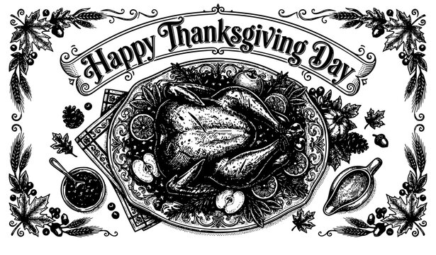 SEO Title:
Thanksgiving Turkey Top View Hand Drawn Vector Illustration Festive Food and Holiday Text Isolated on White