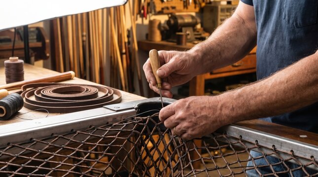 Craftsman using an awl to tightly lace a leather net onto a vintage billiard table pocket
