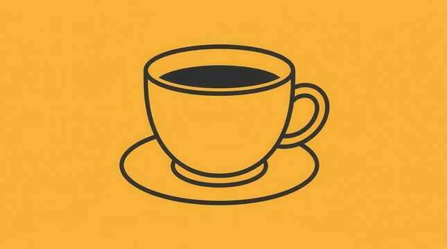 Minimalist Line Art Coffee Cup and Saucer on a Yellow Background, Graphic Design Element