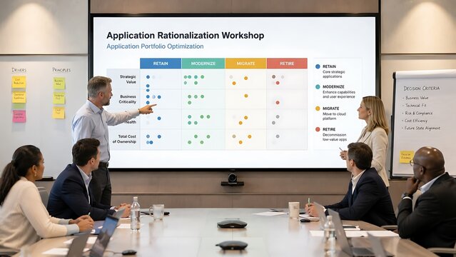 Enterprise Application Rationalization Workshop with Technology Leaders Reviewing IT Portfolio Strategy, Digital Transformation Roadmap and Business Modernization Planning