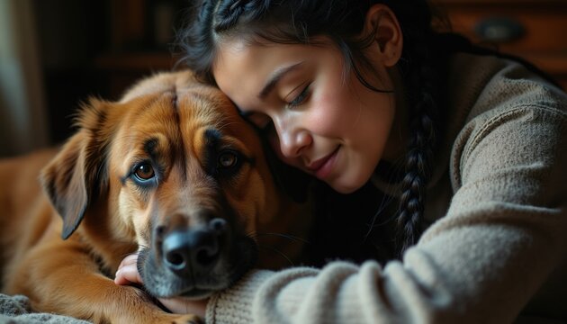 Young girl hugs her faithful dog with affection. They share a peaceful moment together indoors, showing deep friendship and trust. The girl rests her head on the dog.